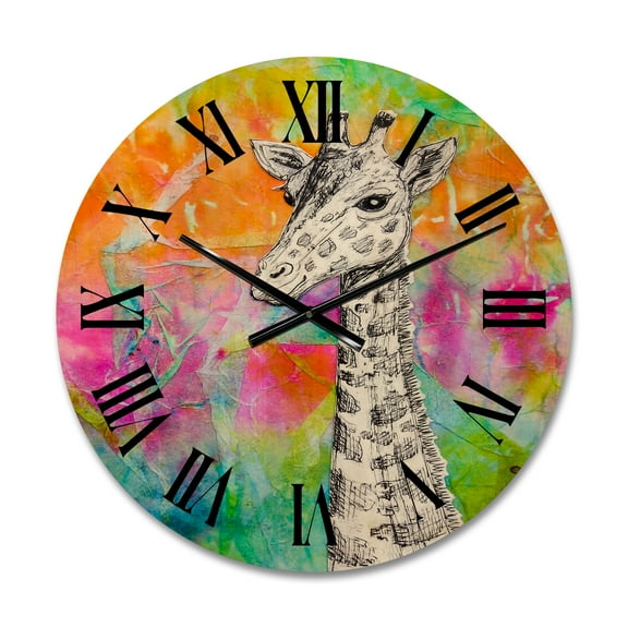 Designart 'Monochrome Giraffe Drawing On Bright Rainbow' Children's Art Wood Wall Clock