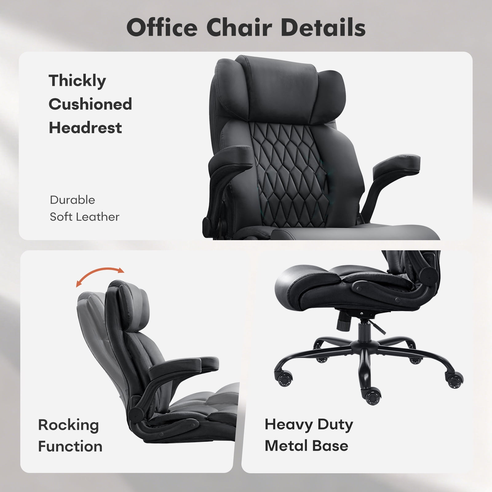 Ninecer Ergonomic Leather Office Chair with Adjustable Flip-Up Arms and Lumbar Support, Black