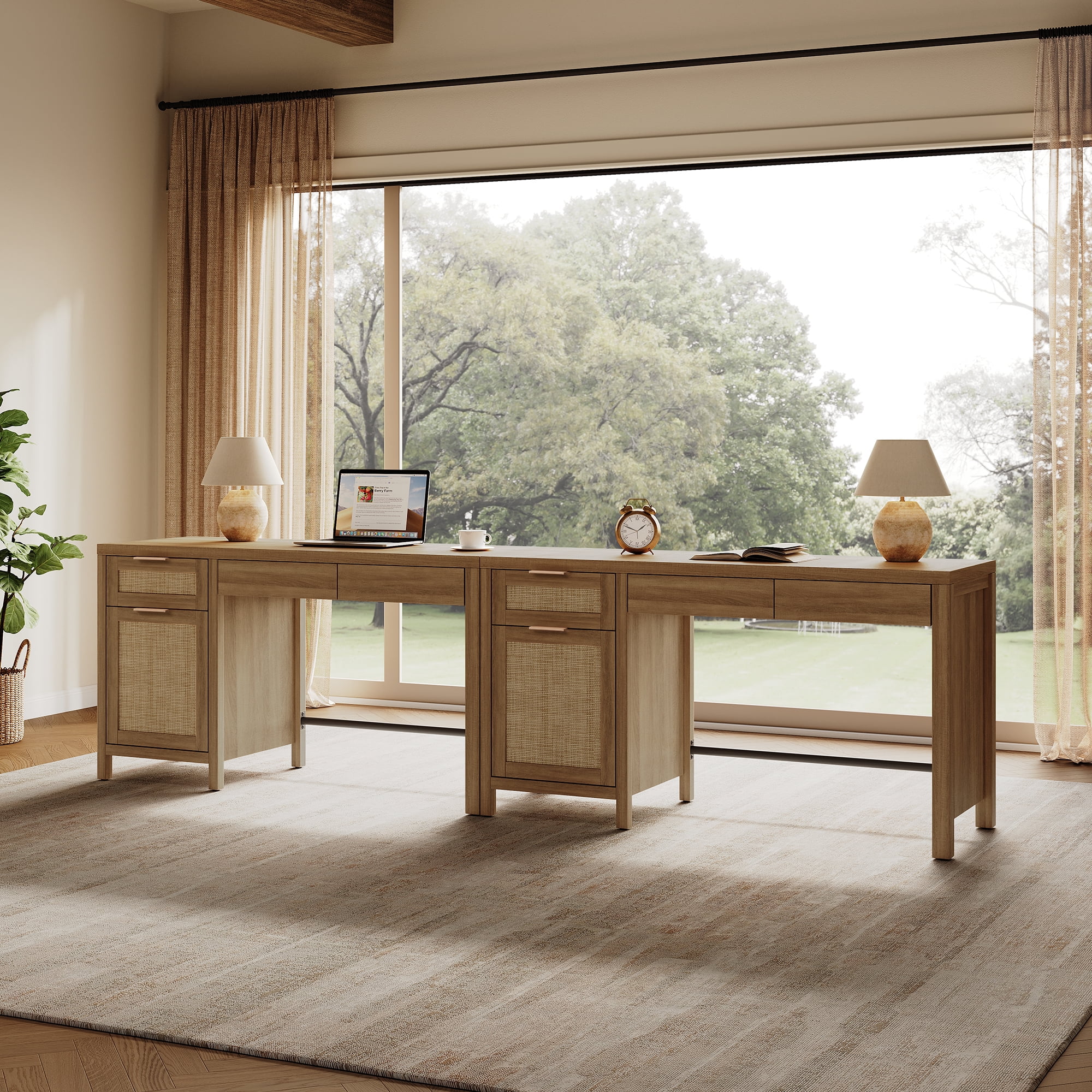 SICOTAS 55" Wide Farmhouse Writing Desk with Rattan Decor & Hidden Drawers–Spacious Desktop for Dual Monitors, Adjustable Shelf, Sturdy Engineered Wood, Boho Style for Home Office or Vanity