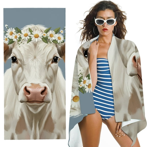 RKSupls White Cow Oversized Microfiber Beach Towel, Ultra-Soft Microfiber for Bathroom, beach, Soft Super Absorbent- 30x60 in