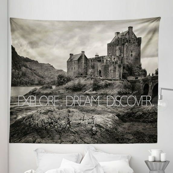 Dream Tapestry, Explore Dream Discover Slogan on Eilean Donan Castle Highlands Scotland, Fabric Wall Hanging Decor for Bedroom Living Room Dorm, 5 Sizes, Dark Taupe and Pale Grey, by Ambesonne