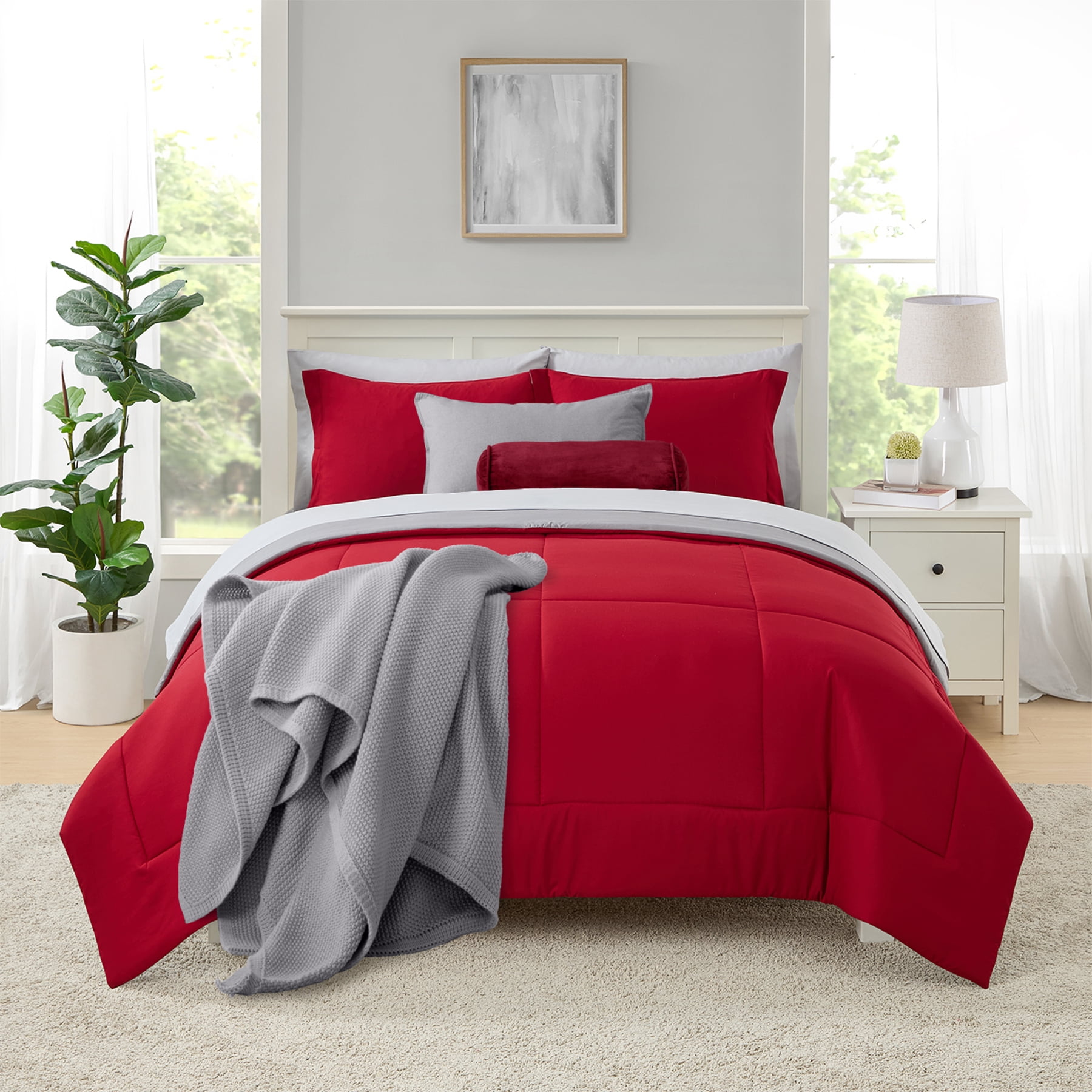 Mainstays 7-Piece Reversible Comforter and Sheet Set, Full, Red