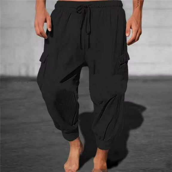 Jacenvly Mens Sweatpants with Pockets Solid Elastic Waisted Long Mens Pants Men'S Color Sport Loose Threaded Leg Lace-Up Color Cargo Eighths Length Pants Black Trousers for Men