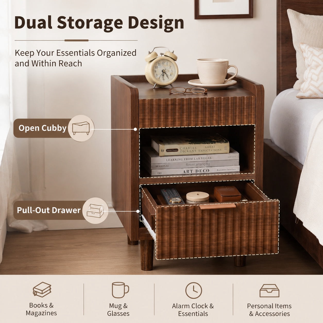 Aukfa Fluted Nightstands Set of 2,Bedside Tables End Tables with Drawer for Bedroom,Walnut