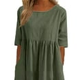thumbnail image 3 of DYMADE Cotton Linen Casual Pleates Crewneck Pockets Midi Women Dress, 3 of 4