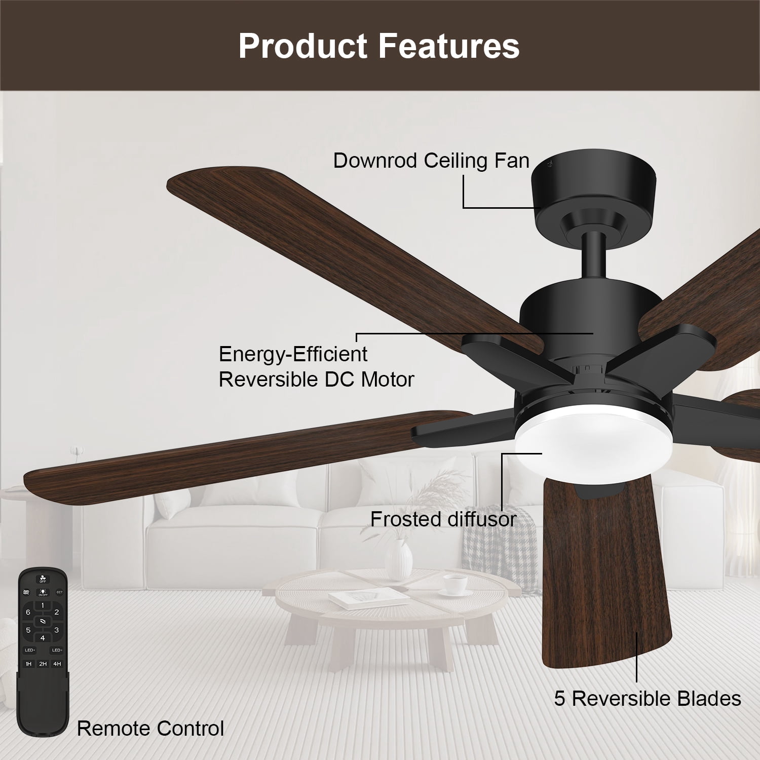Manistays 52 inch Downrod Ceiling Fan with LED Light, Remote Control, 6 Speeds, 5 Blades, Black