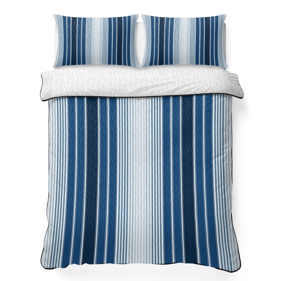 Twin XL Quilt Set 68''x98'', Navy Blue Ombre Stripe Lightweight Summer Bedspread Coverlet Set with 2 Pillow Shams, Farmhouse Simple Striped Breathable All Season Quilt Bedding for Dorm/Guest Room