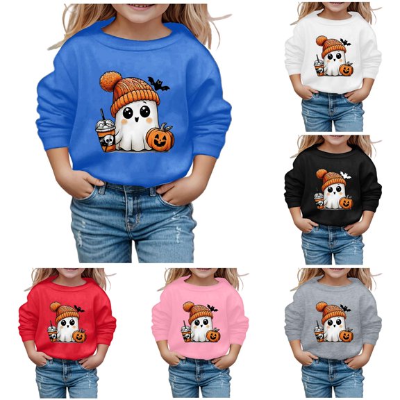 AWZXDE Girls Halloween Cute Pumpkin Cat Print Long Sleeve Crewneck Sweatshirt Pullover Top Blue,4-5 Years