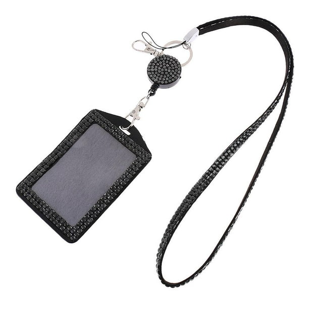 Black Rhinestones Lanyard with Retractable Reel Card ID Badge Holder 