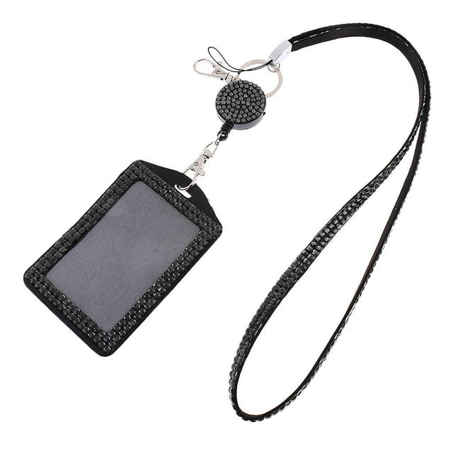 Crystal Rhinestone Lanyard Con Portabobinas De Identificación Vertical De Carrete Retráctil - Negro