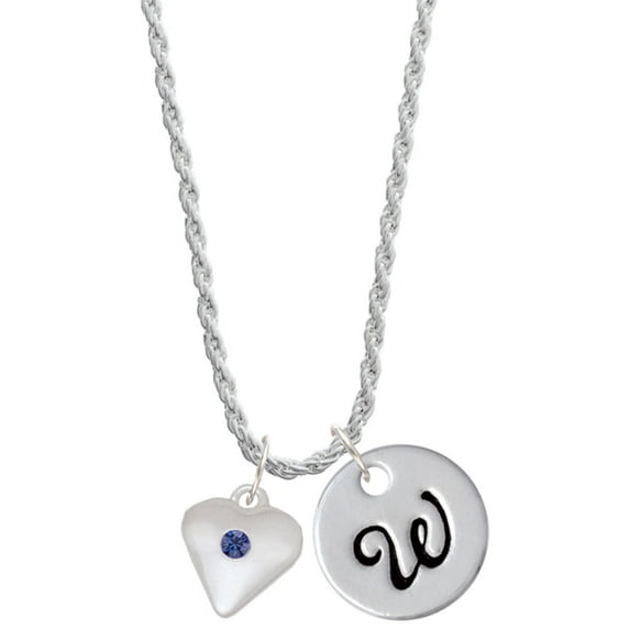 Delight Jewelry Silvertone Large September - Blue Crystal Heart Silvertone Script Initial Disc - W - Charm Necklace, 20"+3"