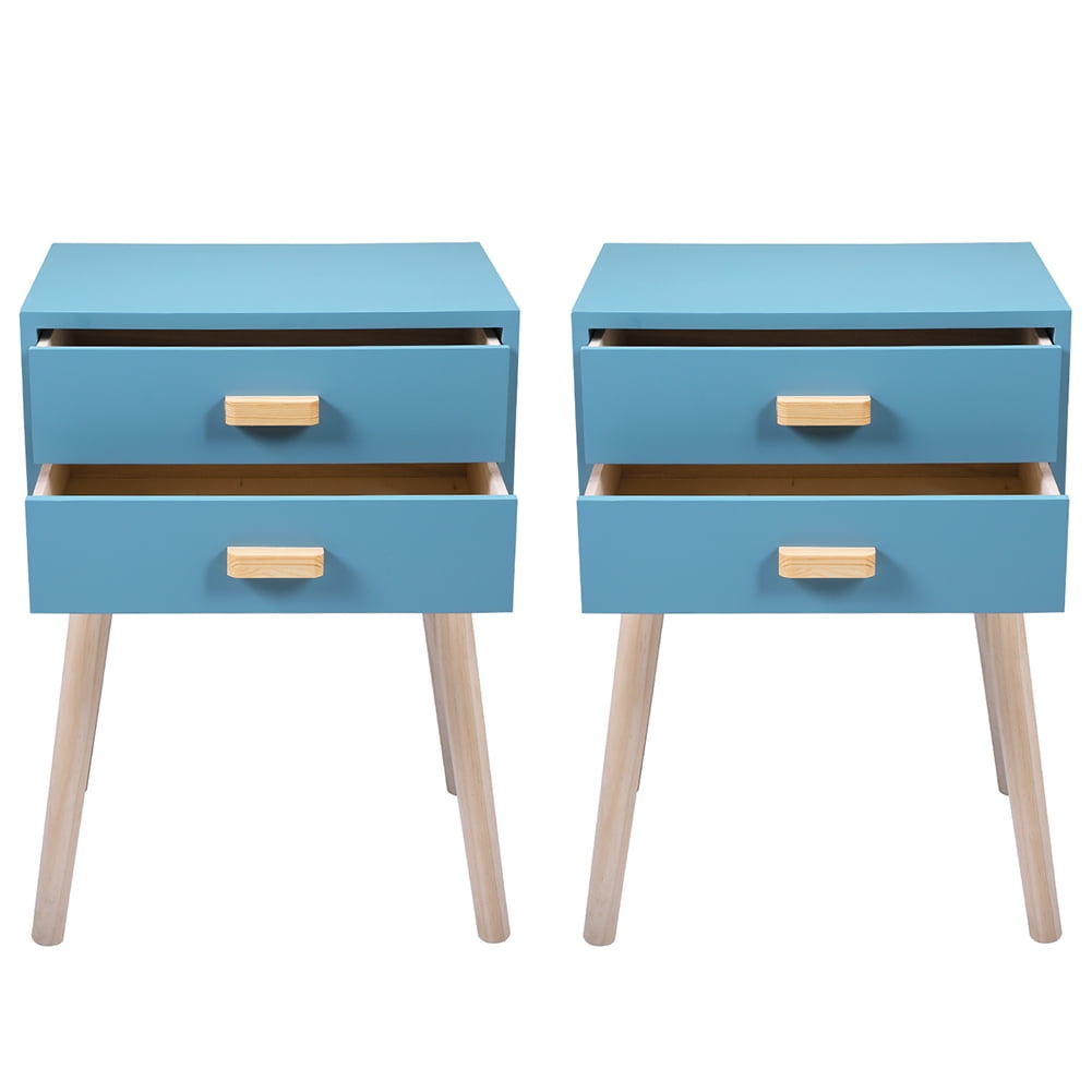 Kadyn Mid-Century Side Table, 2-Drawer Nightstand, Accent or End Table with Storage, Wood, Blue-2PCS