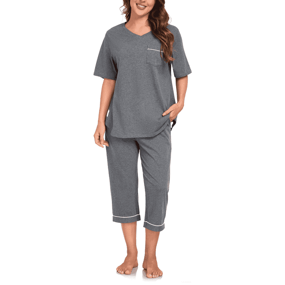 EA'S SECRET 100% Cotton Women Pajamas Set Soft Sleepwear Pjs 2 Piece Sleepwear With Pockets Capri Pants Summer(Deep Grey,2XL)