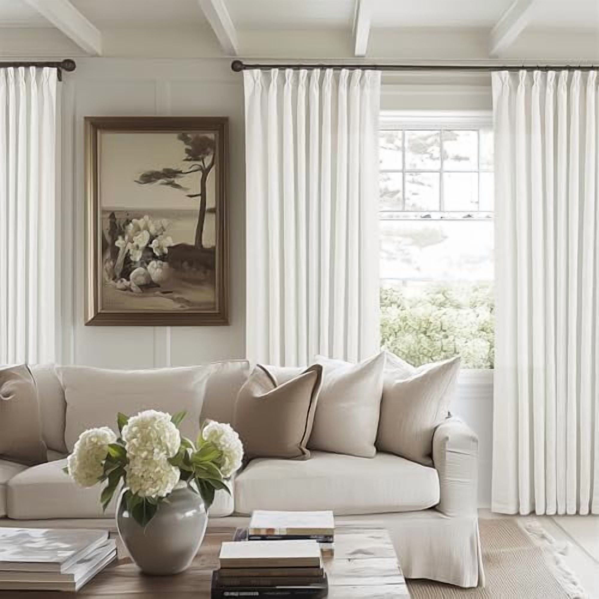 Beige White Pinch Pleated Linen Curtains 1 Panel for Living Room Bedroom Memory Training Shaped Semi Sheer Pleat Drapes with Hooks Rings Light Filtering Window Curtain 60x108