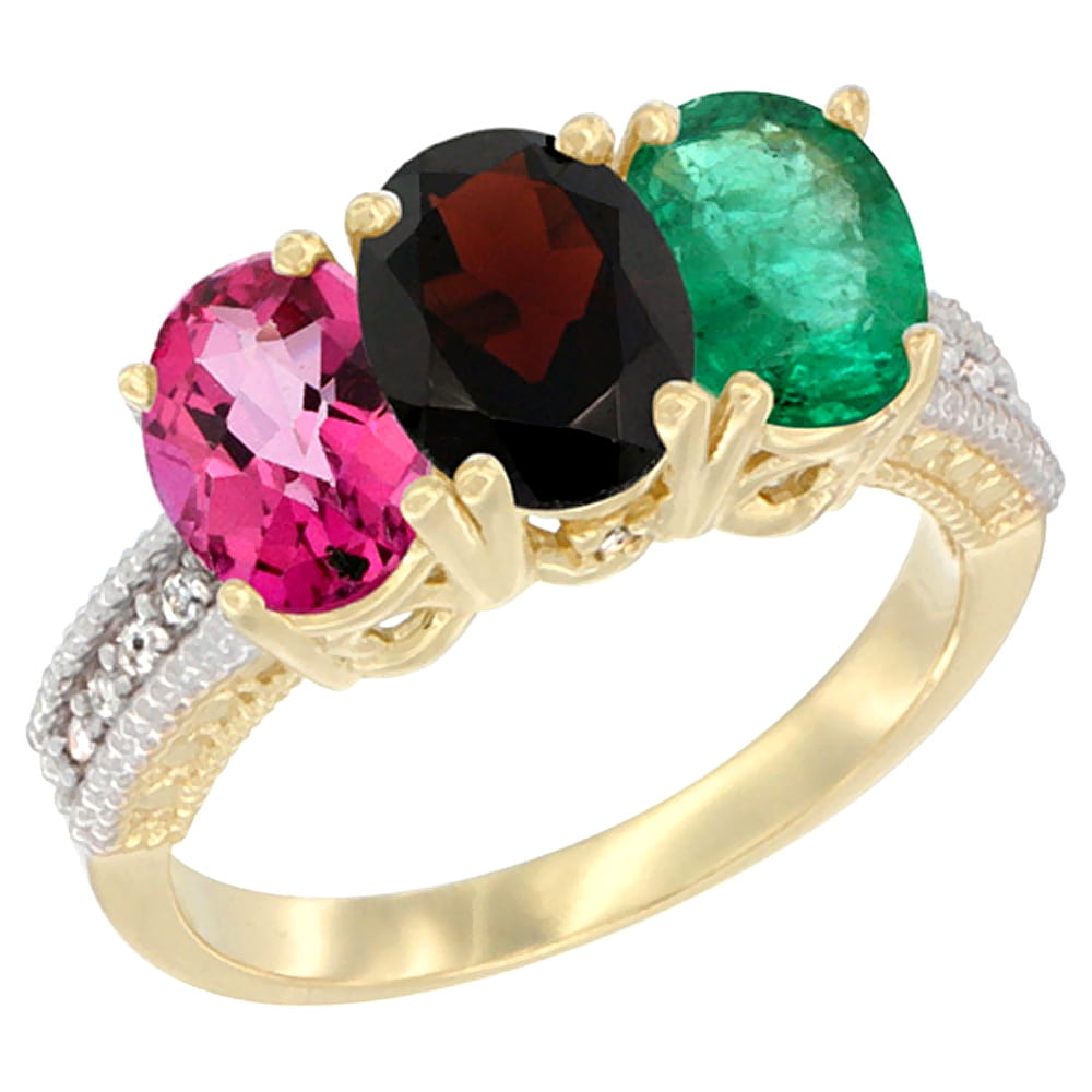 10K Yellow Gold Diamond Natural Pink Topaz, Garnet & Emerald Ring 3-Stone Oval 7x5 mm, sizes 5 10 by WorldJewels