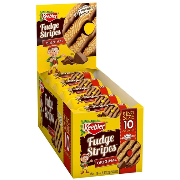 Keebler Fudge Stripes King Size Cookies, Chocolate Fudge Shortbread Cookies, 10 Count,( 4.75 oz )