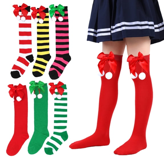 KYAIGUO Kids Girls Christmas Holiday Knee High Socks 7-12Y Cute Bowknot Fur Ball Compression Socks Fall Winter Christmas Socks Thigh High Socks 6 Pairs