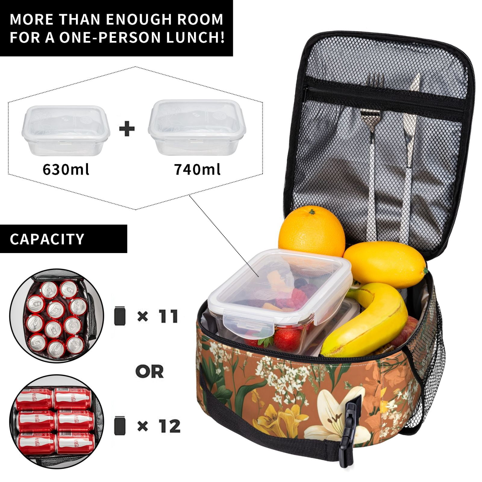 Lunch Bag For Women Men Insulated Portable Lunch Box Bento Box Office Picnic Travel Cooler Bag Yellow Background With Flowers