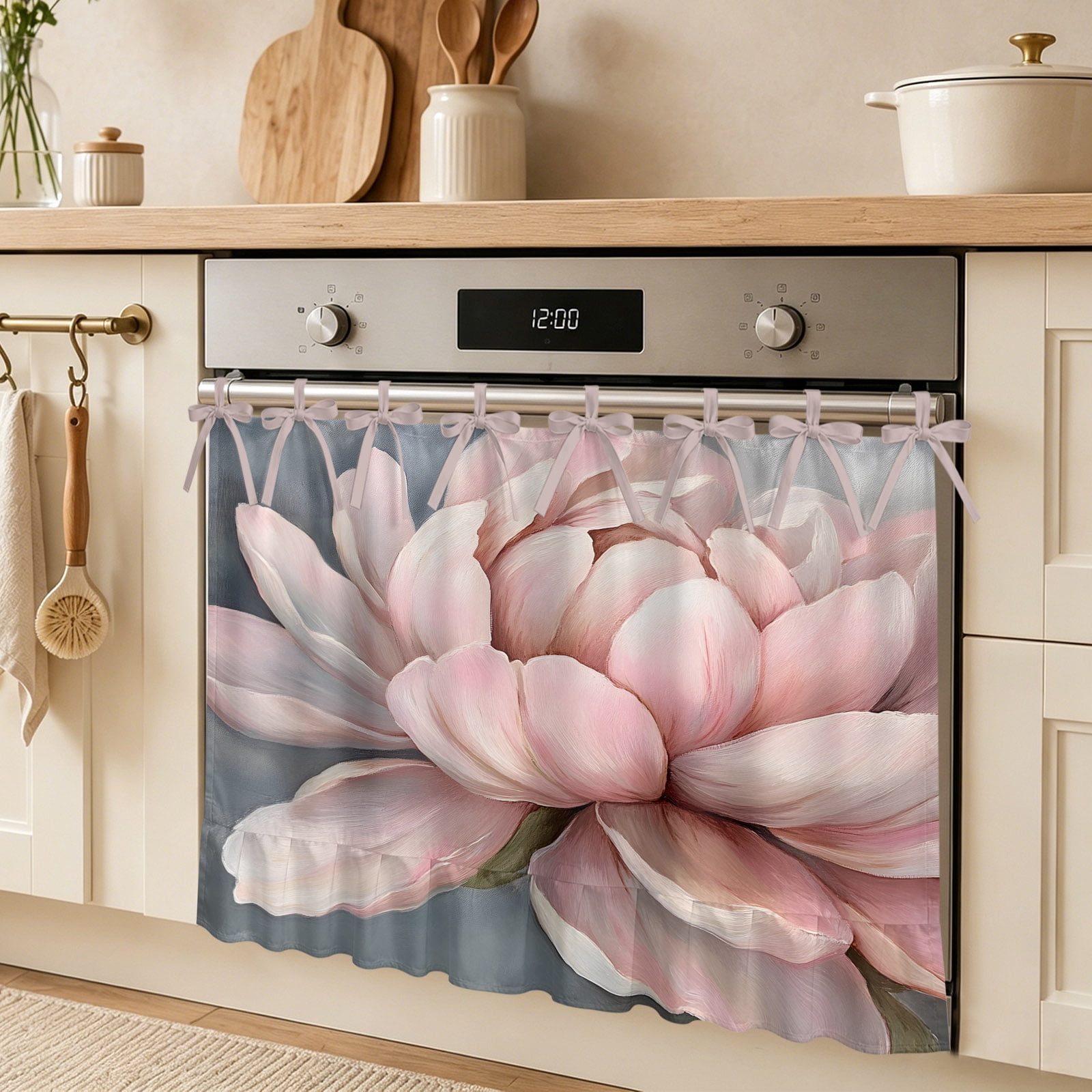 Spring Floral Oven Skirt Curtain Vintage Plant Watercolor Pink Flower Botanical Tie Top Tier Curtains Stove Dishwasher Skirt Small Window Drapes for Kitchen Bathroom Cafe 30 x21.5