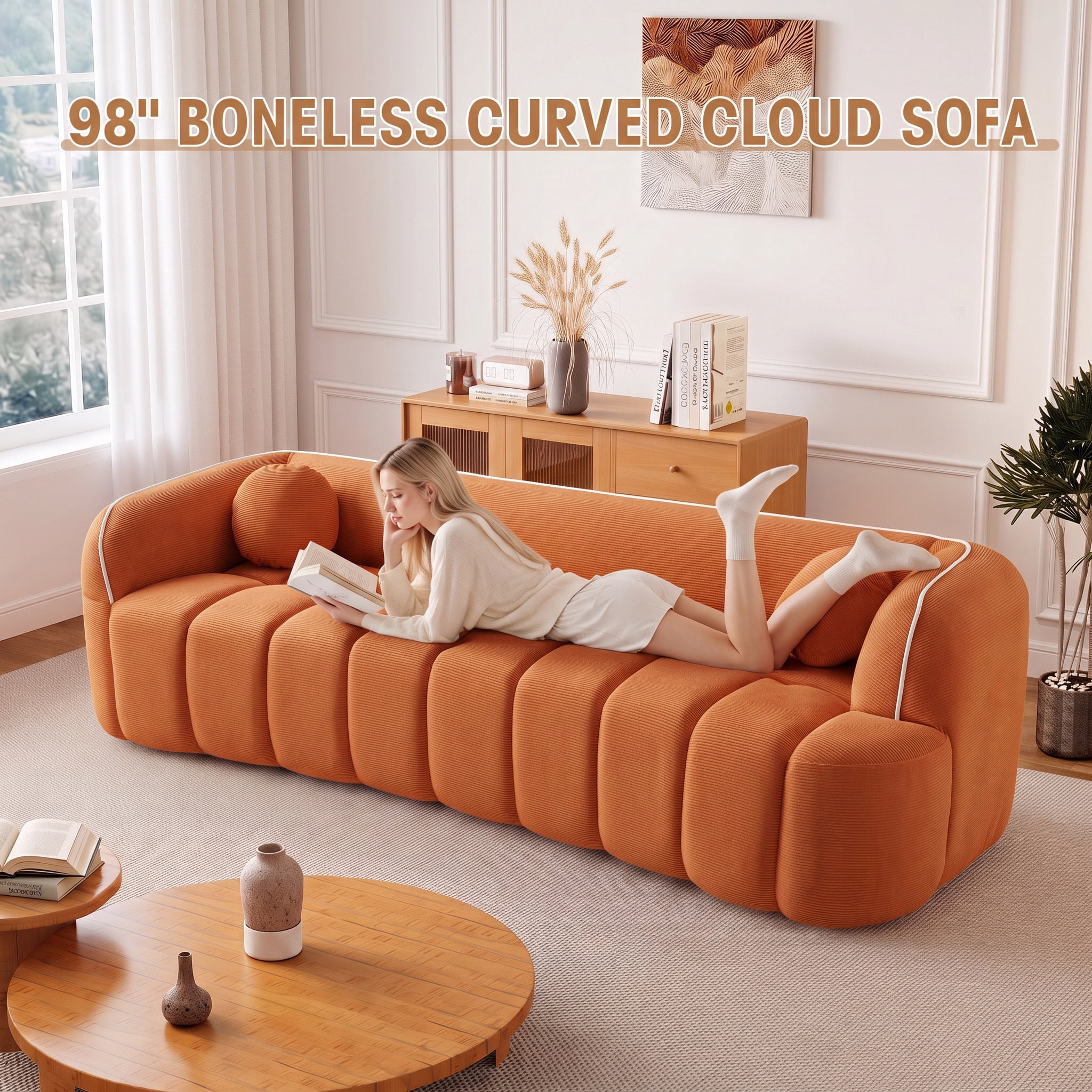 Lunale 98" Curved Bonelessd Sofa, 3-Seater Floor Cloud Couch, No Assembly Required, Modern Corduroy Bubble Sofa for Living Room, Orange