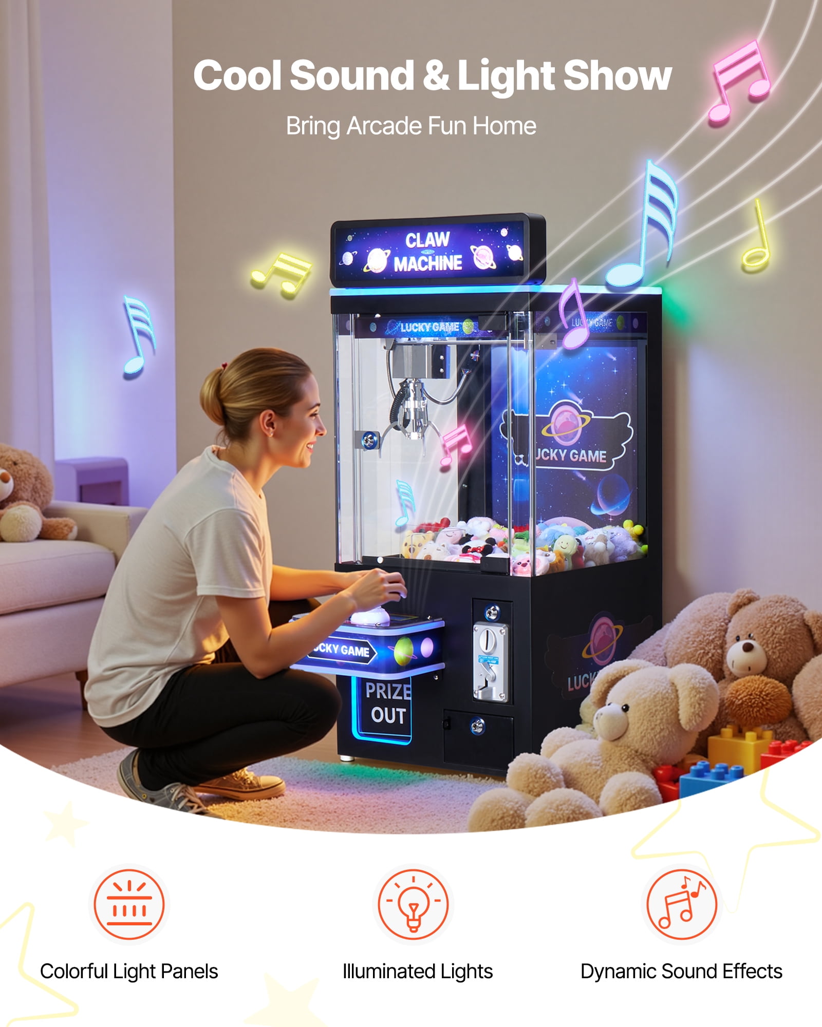 VEVOR Claw Crane Machine, Medium-Sized Arcade Game Machine with Light & Sound, Adjustable Steel Claws, Precise Toy Candy Grabber Prize Dispenser Vending Toy, for Commercial Home Cinema, Black Purple