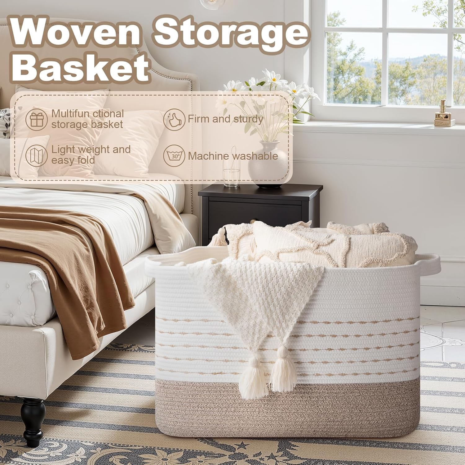 108L Extra Large Blanket Basket, 25”x16”x16” Rectangle Woven Cotton Rope Baskets for for Living Room, Toy Storage with Handle- Gradient Light Brown