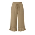 thumbnail image 6 of Cropped Pants Women Summer Casual Wide Leg Drawstring Elastic Waist Trousers Ruffle Hem Capri Pants with Pockets Khaki XL, 6 of 8