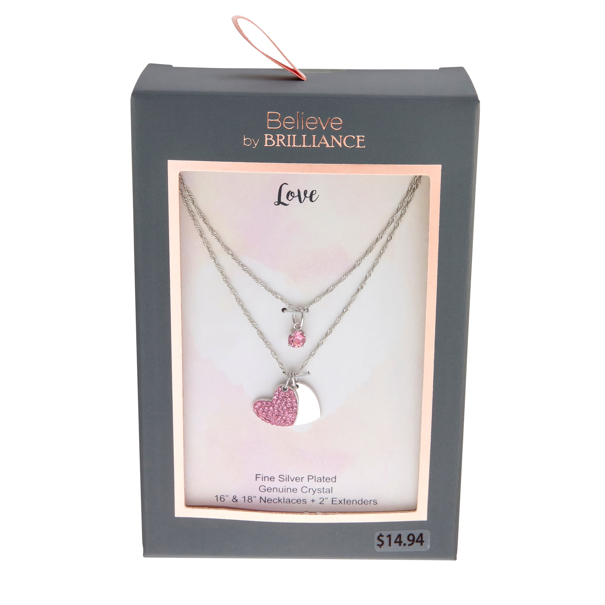 Believe by Brilliance Fine Silver Plated Crystal Drop and Double Heart Necklace Set