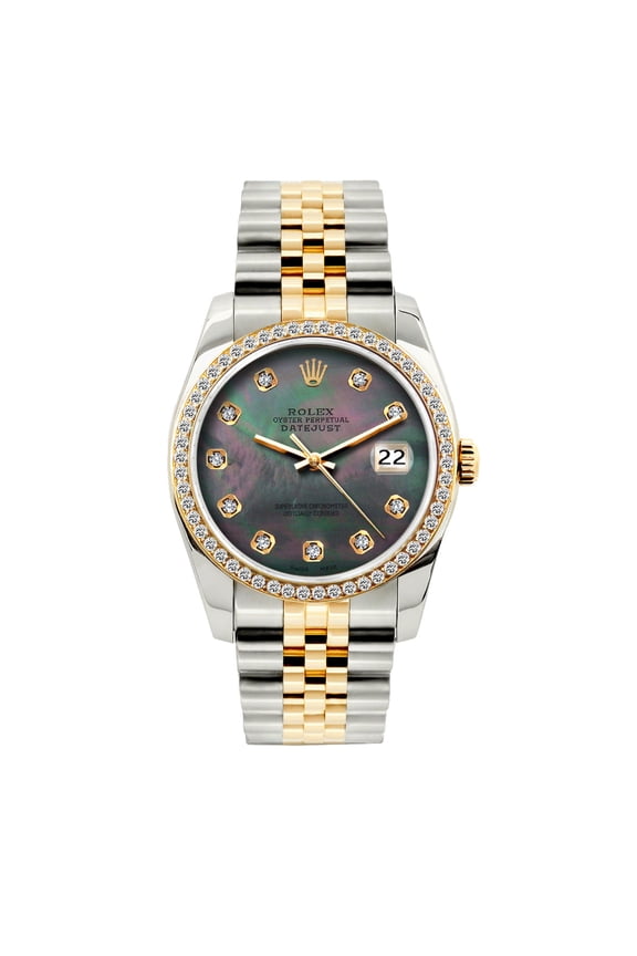 Pre-Owned Rolex Datejust 36mm Black Mother of Pearl Dial Two-Tone Bracelet Watch With Diamond Bezel