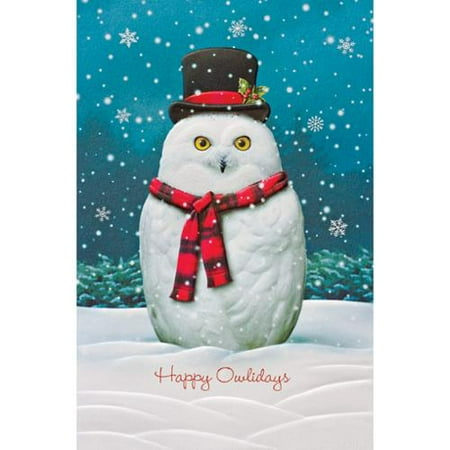 Pack of 16 Owl Snowman Fine Art Embossed Deluxe Christmas Greeting Cards