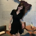 thumbnail image 1 of Femmes Slim Robe V-Cou Manches Courtes Solide Casual Taille Haute Volants Asymétrique Robe, 1 of 9