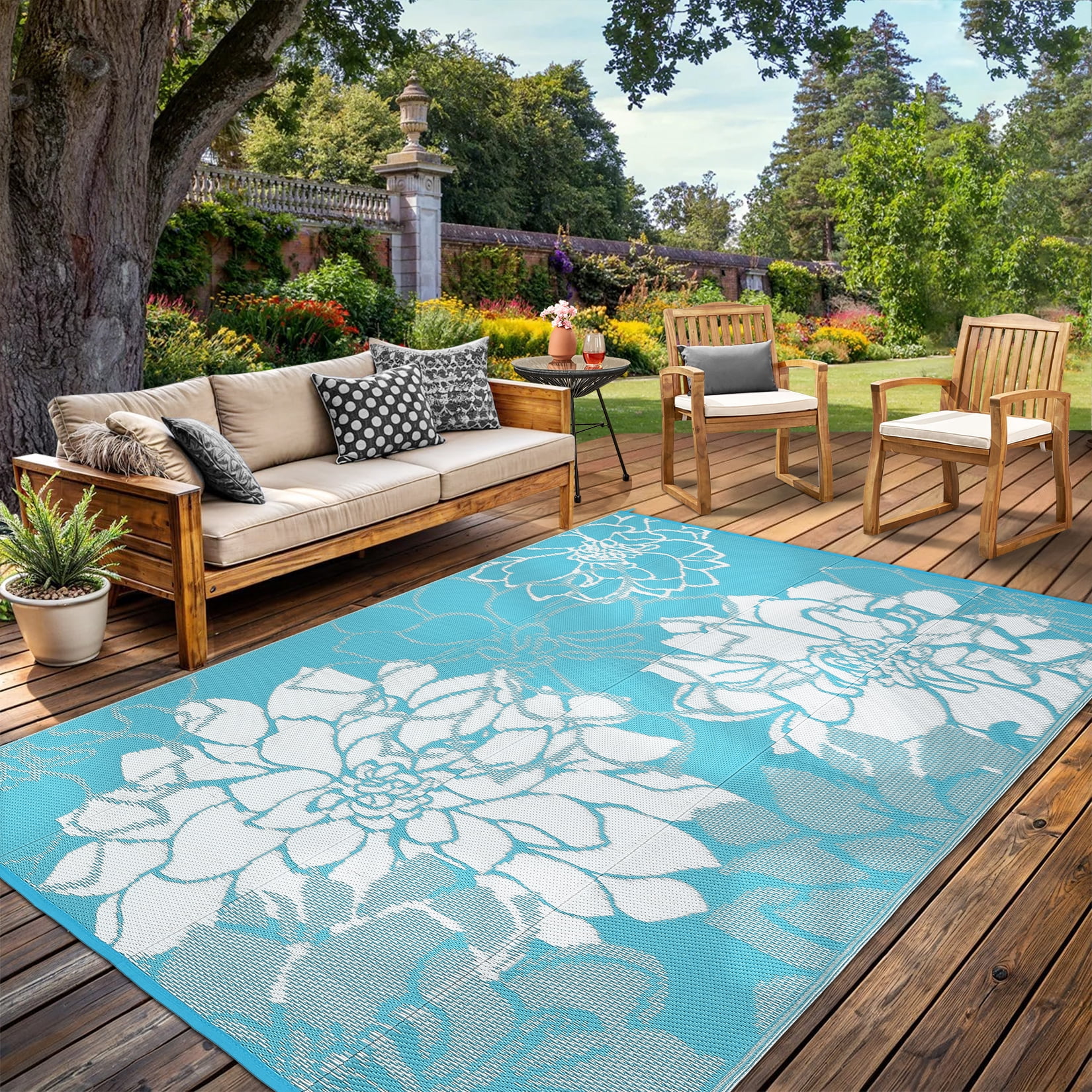 Nanan 8x10ft Outdoor Rug Waterproof Reversible Plastic Straw Patio Rug, UV Resistance Portable Floral Camping Carpet for Deck, Porch, Balcony, Backyard, Light Blue