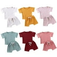 thumbnail image 1 of Baby Girls Summer 2-Pieces Outfit Set Solid Color Button Design Pleated Short Sleeve Loose Top Shirt, 1 of 5