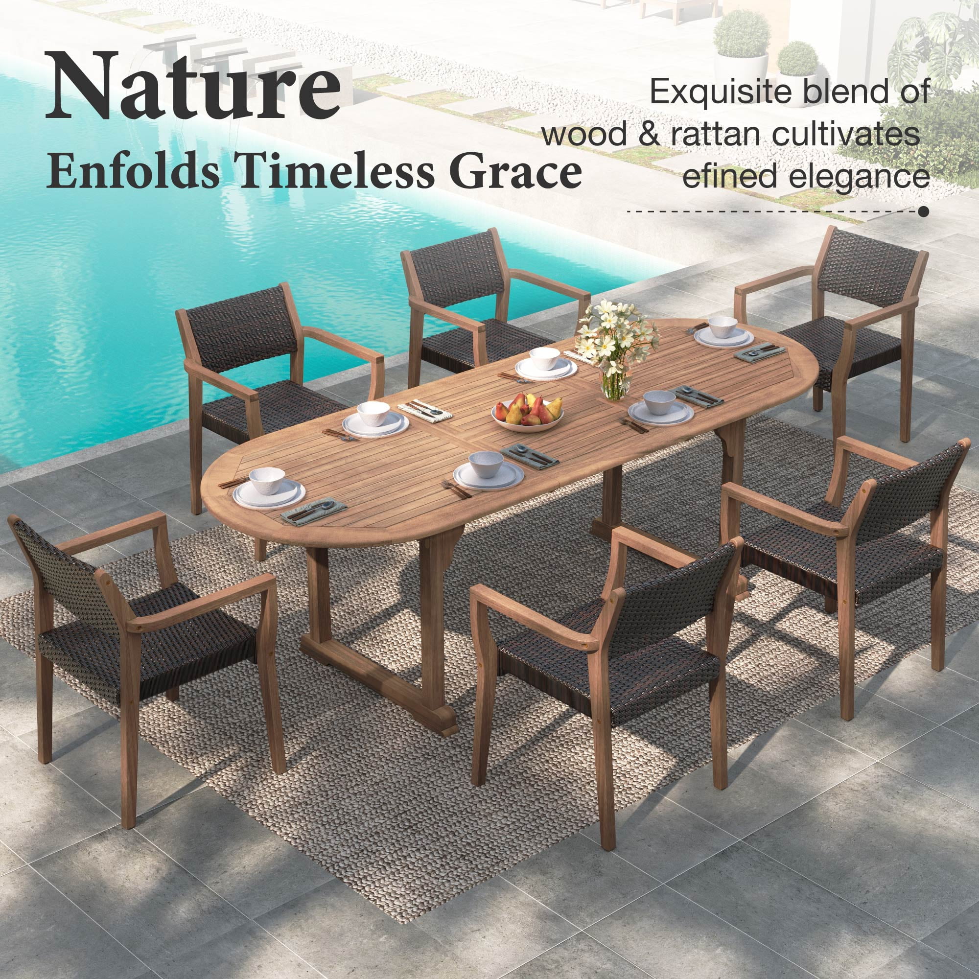 MF Studio 7-Piece Acacia Wood Outdoor Patio Dining Set with Extendable Table and Rattan Chair for 6 People, Wood Frame & Wicker Seat, Dark Brown