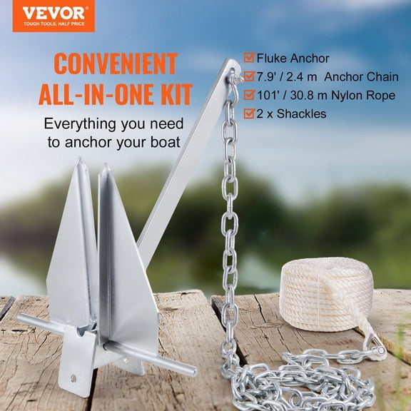 Fluke Style Anchor Kit,13 LBS Hot-Dipped Galvanized Steel Fluke Anchor with 7.9' Chain,101' Rope&Two 0.4"Shackles,Marine Boat Anchor for Small Vessels Under 30',Seas,Rivers&Shores