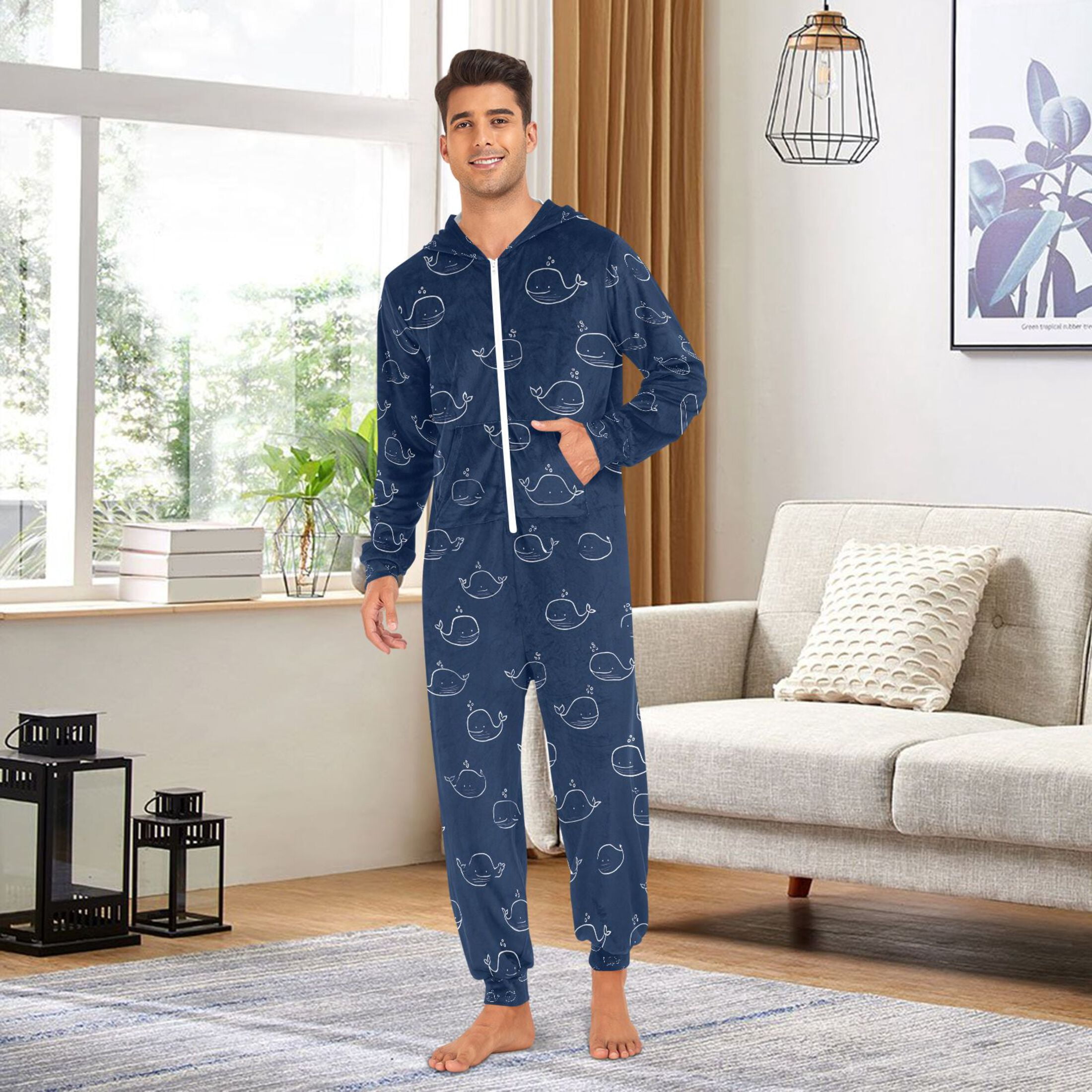 Adult Christmas Onesie Cute White Whale Adult Zipper One-Piece Pajamas Unisex Pajamas with Pockets