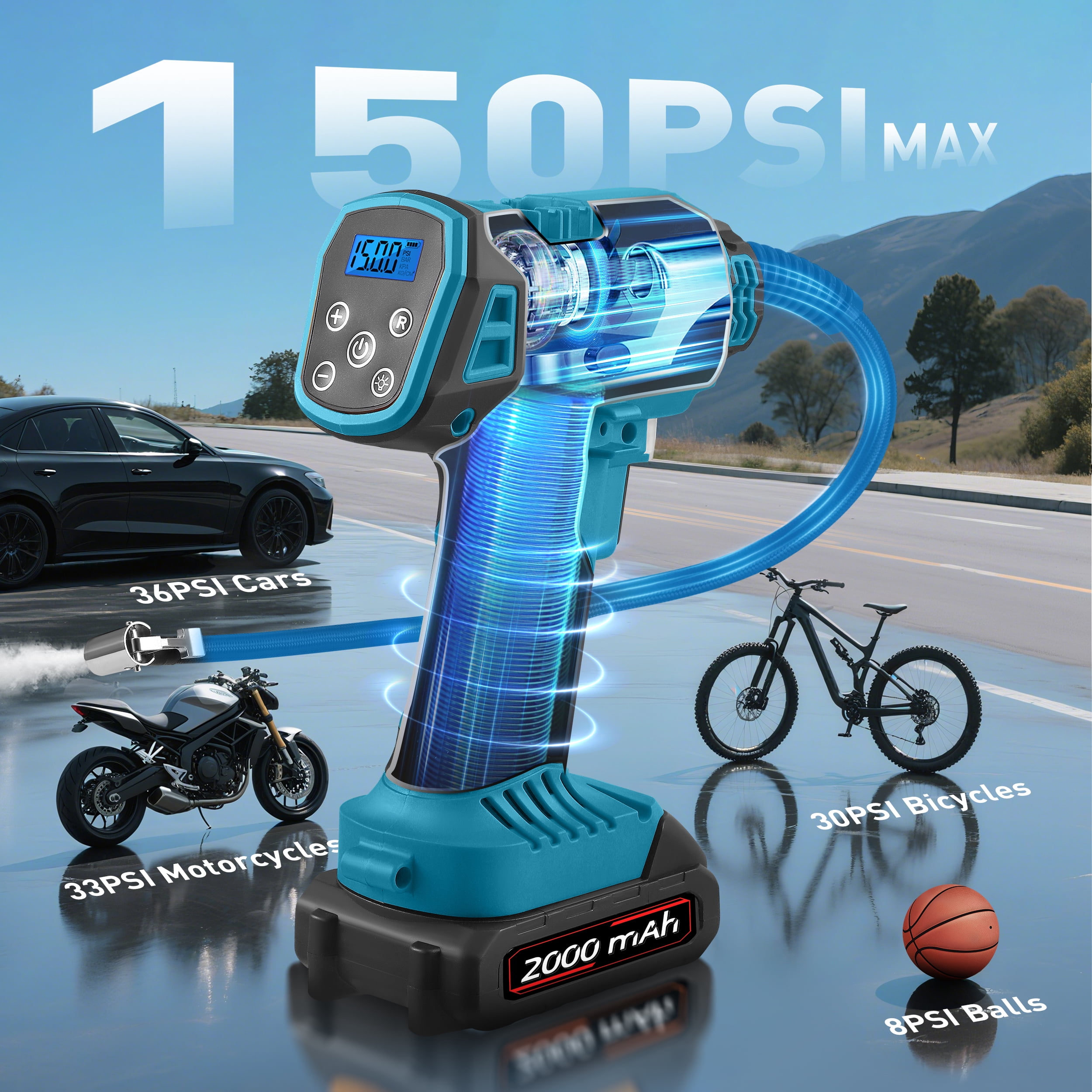RELOIVE Tire Inflator Portable Air Compressor - 150 Psi Air Pump For Car Tires with Digital Pressure Gauge, LED Light and Auto Shut-Off Function - Cordless Pump for Car, Motorcycle, Bicycle, Balls an
