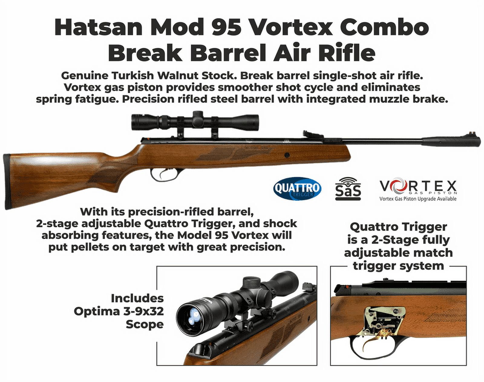 Hatsan Model 95 Vortex Break Barrel Airguns .25 Caliber 3-9 x 32 Scope Turkish Walnut