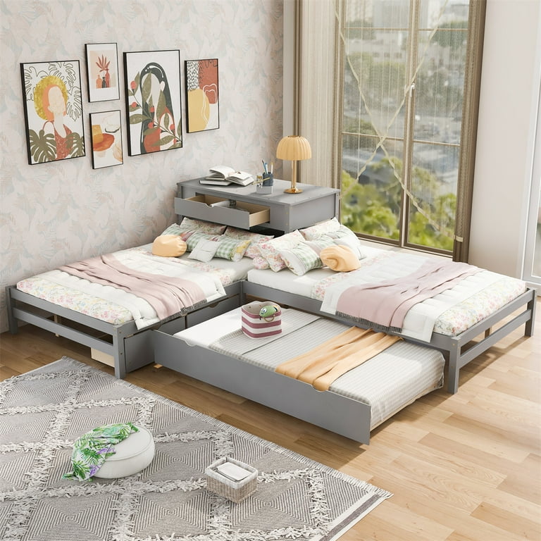 Full Size Gray L Shaped Beds with Storage Twin Trundle Drawers Built in Table Walmart