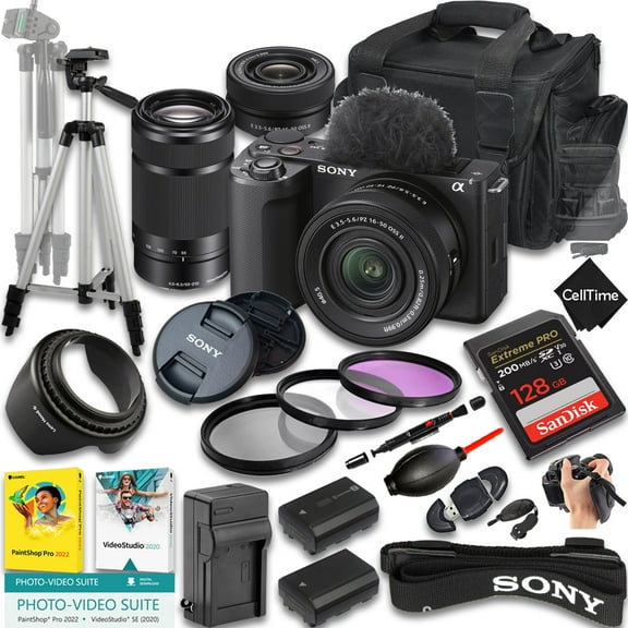 Sony ZV-E10 II Mirrorless Camera w/ E PZ 16-50mm OSS & E 55-210mm Lenses, 128GB Memory, Extra Battery, Case, Tripod & More (22pc Bundle) (International Version)