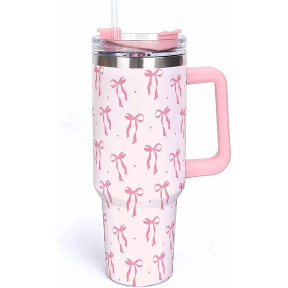 30oz Pink Bow Tumbler with Handle Straw and Lid Travel Tumbler Coquette Bowknot Coffee Cup for Women Friend Holiday Birthday Party Home Office