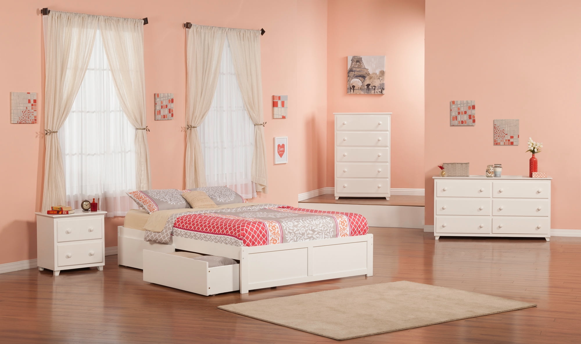 AFI Concord Queen Solid Wood Platform Bed with Footboard & 2 Storage Drawers in White