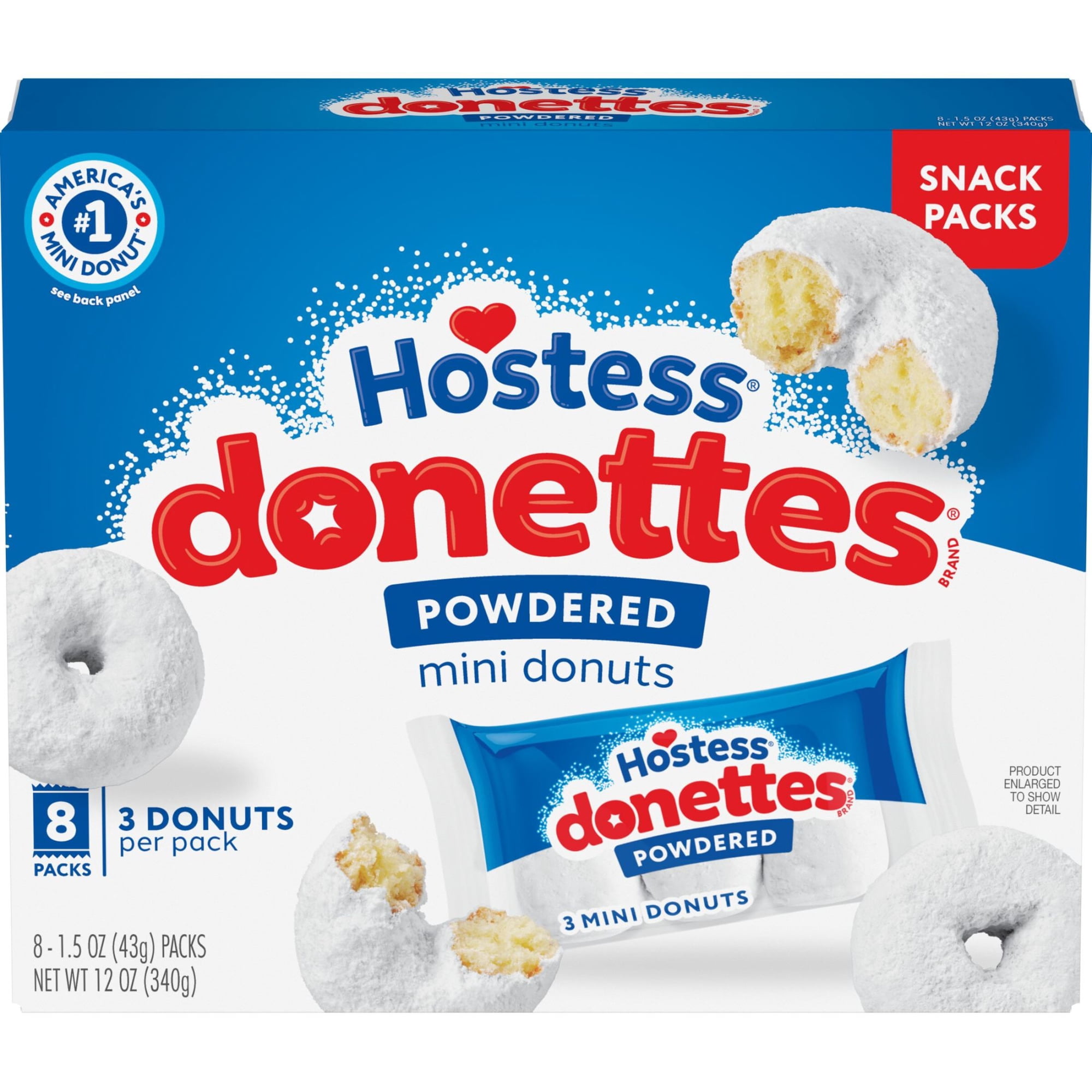 Hostess Donettes, Powdered Mini Donuts, Box of 8 On the Go Packs