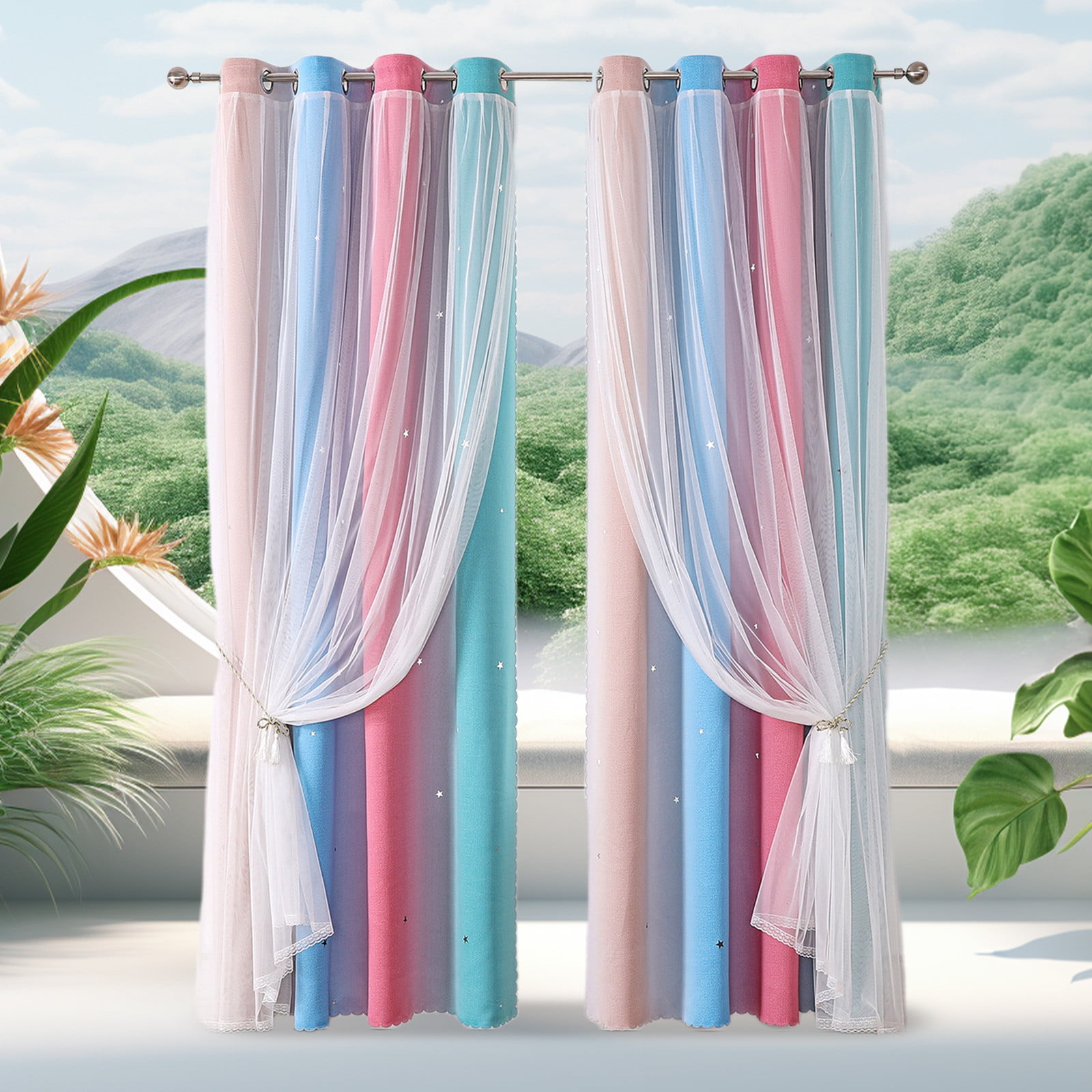 2-in-1 Double-Layer Kids & Girls Unicorn Princess Ombre Blackout Curtains with Foil Print Sheer,Panels for Bedroom, Nursery, Living Room - Yellow Purple Blue, 52W x 63L