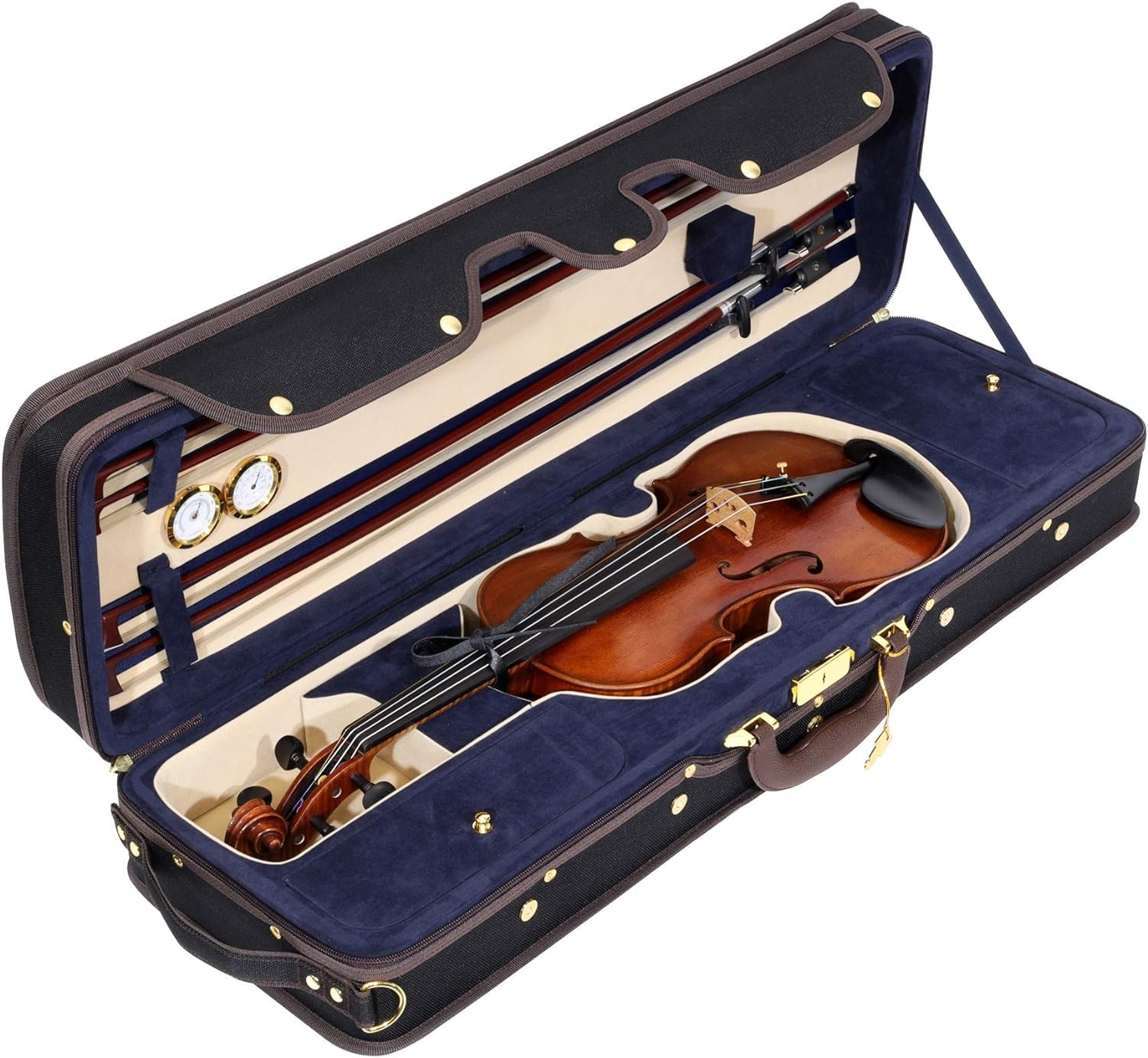 MI&VI NF-9001CC Maestro Hard-Shell Violin Case 4/4 (Full Size) Polishing Cloth Included | Luxury Silk Interior | High-Density | Adjustable Straps | Hygrometer | Thermometer (Blue)