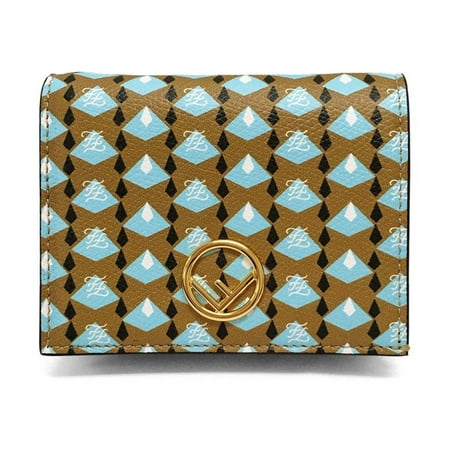 New Fendi Calf Leather F Logo Blue Brown Small Bifold Wallet 8M0420