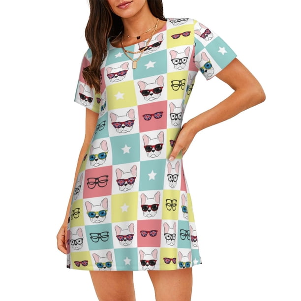 Easygdp Cute French Bulldog Camisón de manga corta para mujer, informal, estampado