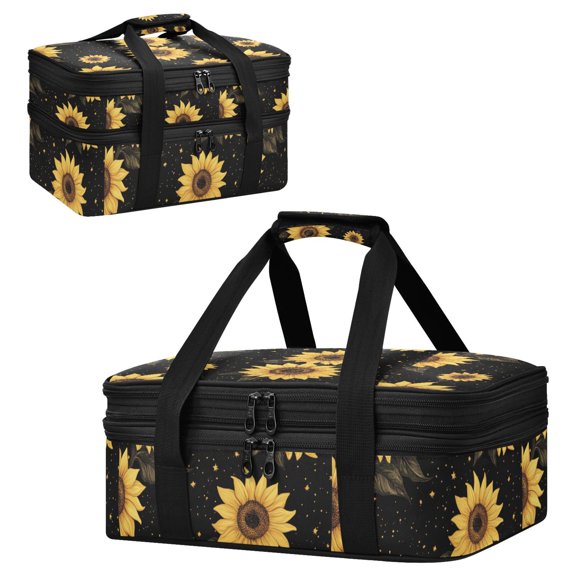 Large Double Decker Insulated Casserole Carrier Expandable 2-Layer Thermal Food Tote Bag Midnight Golden Sunflowers Pattern Hot Cold Pizza Lasagna Holder for Potluck Picnic Party Camping