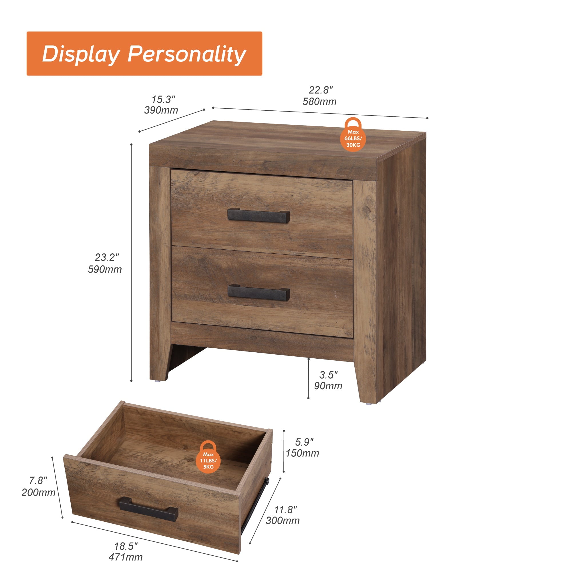 WAMPAT 23.2" Rustic Nightstand with 2 Storage Drawers, Wood End Table for Bedroom, Living Room, Brown