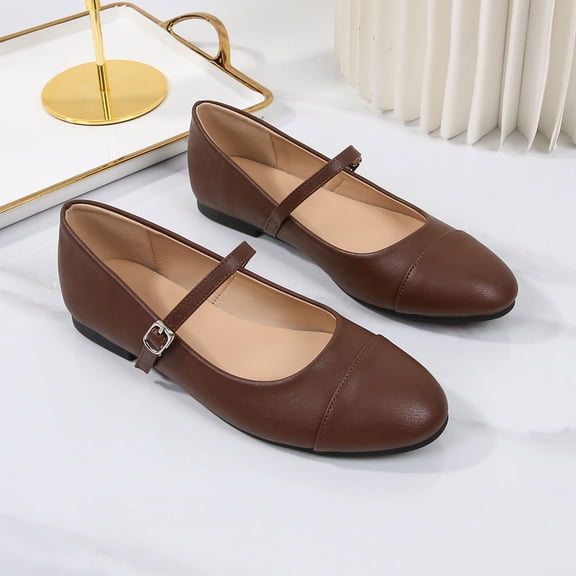 Xucatan Women's Soft Leather Round Toe Flats, Adjustable Buckle Strap Low Cut Shoes with Cushioned Insole, Slip On Comfortable Casual Pumps, Versatile Plus Size Design for Spring Summer Daily Gift